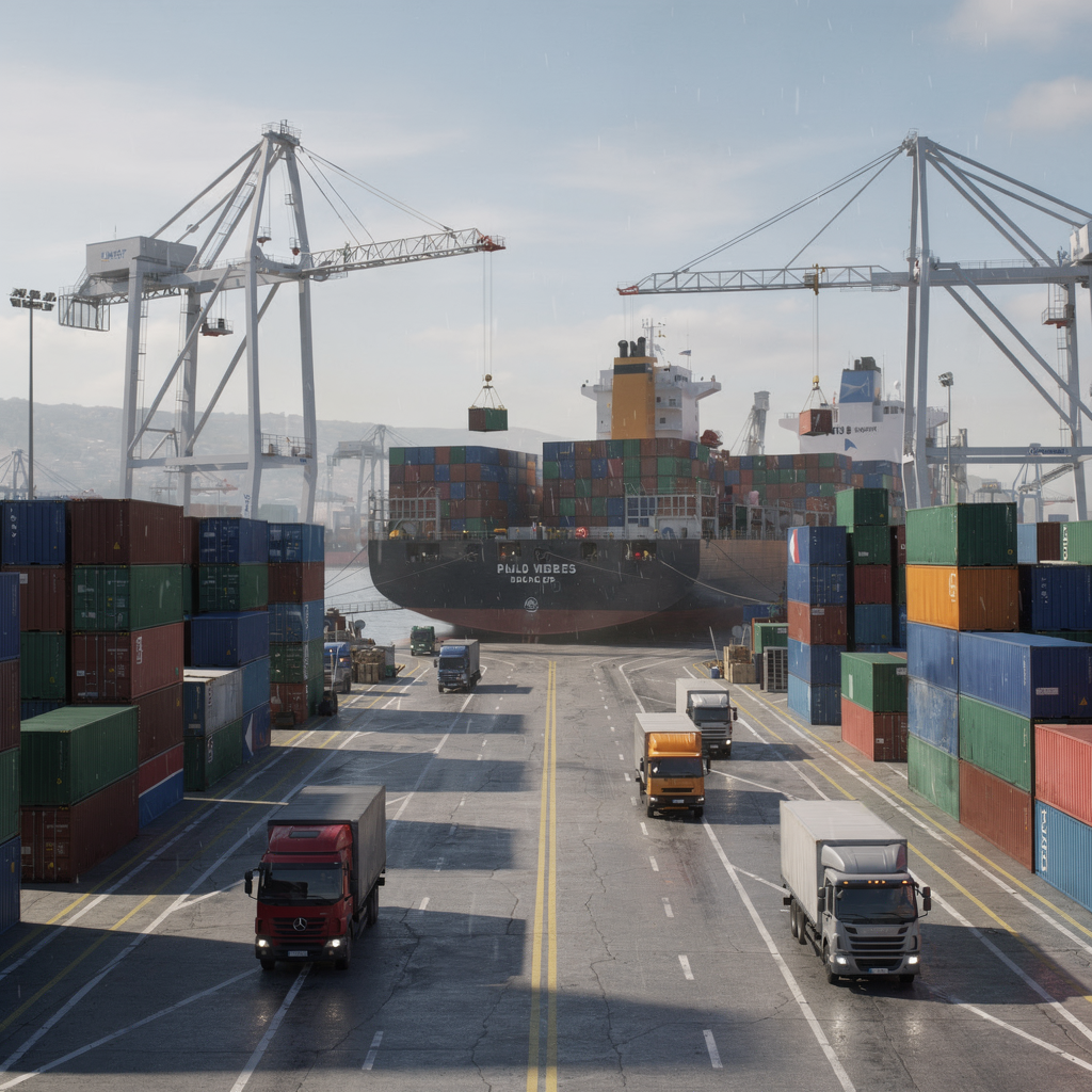 A realistic 3D animation screenshot of cranes unloading a vessel, trucks circulating and yard stacks with clear lanes, no text