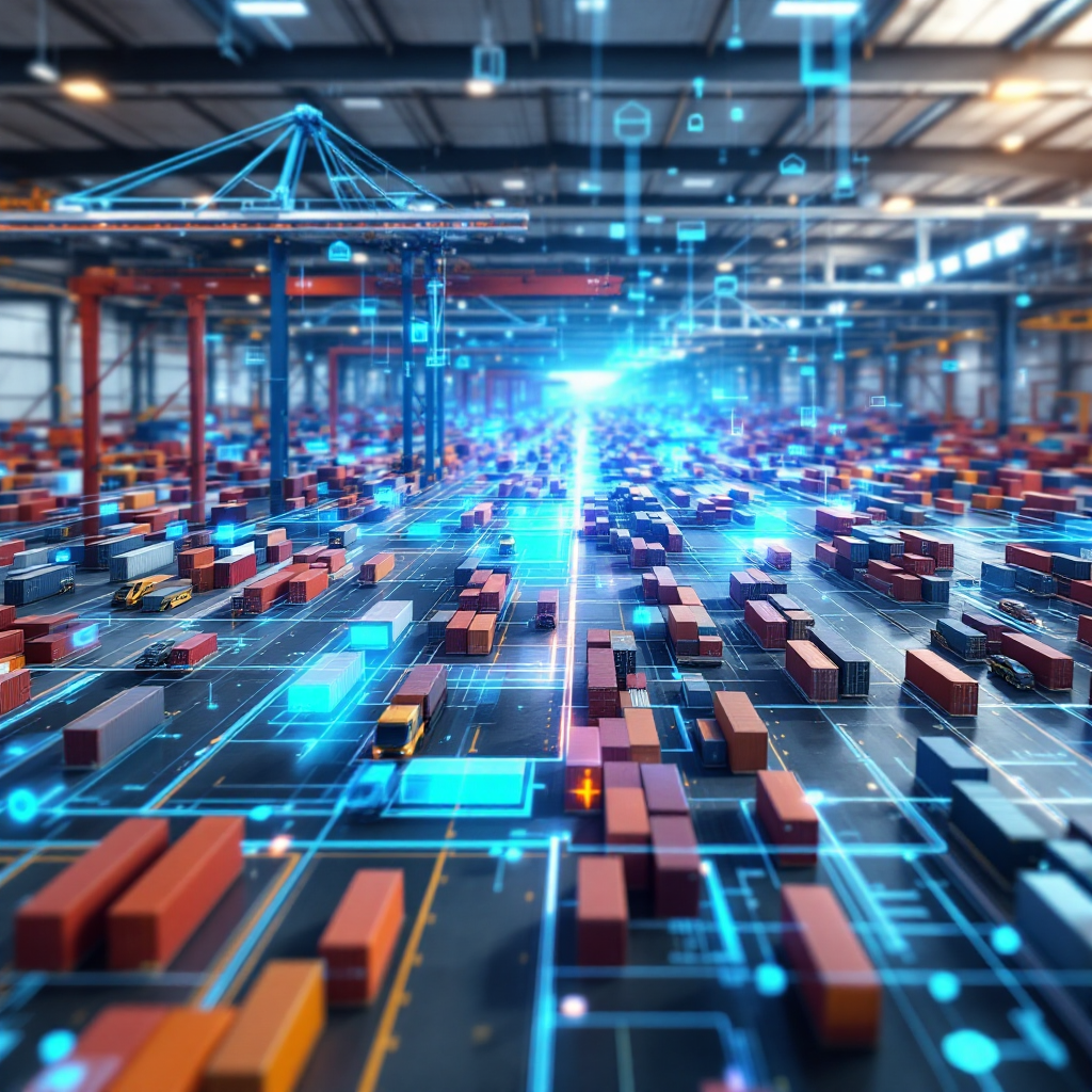3D digital twin representation of a container terminal showing virtual cranes, container stacks, vehicle paths, and overlay charts for throughput and bottlenecks (no text or numbers)