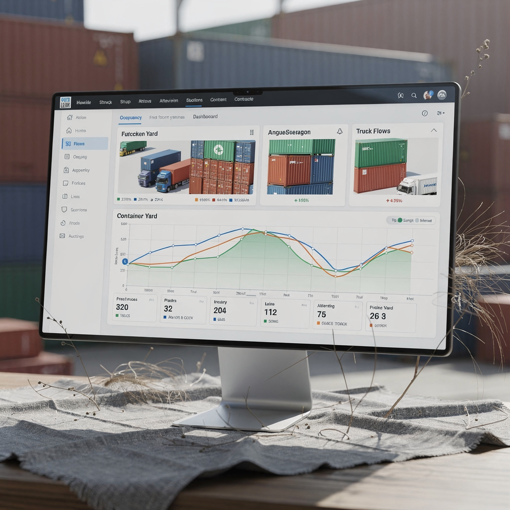 A sleek 3D operations dashboard showing container yard occupancy and truck flows, minimalistic style, no text