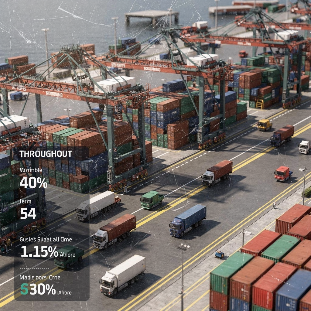 3D port layout with cranes, vehicles, and container stacks A 3D port layout with container stacks, cranes, vehicles moving containers along marked lanes, and highlighted throughput metrics in an overlay