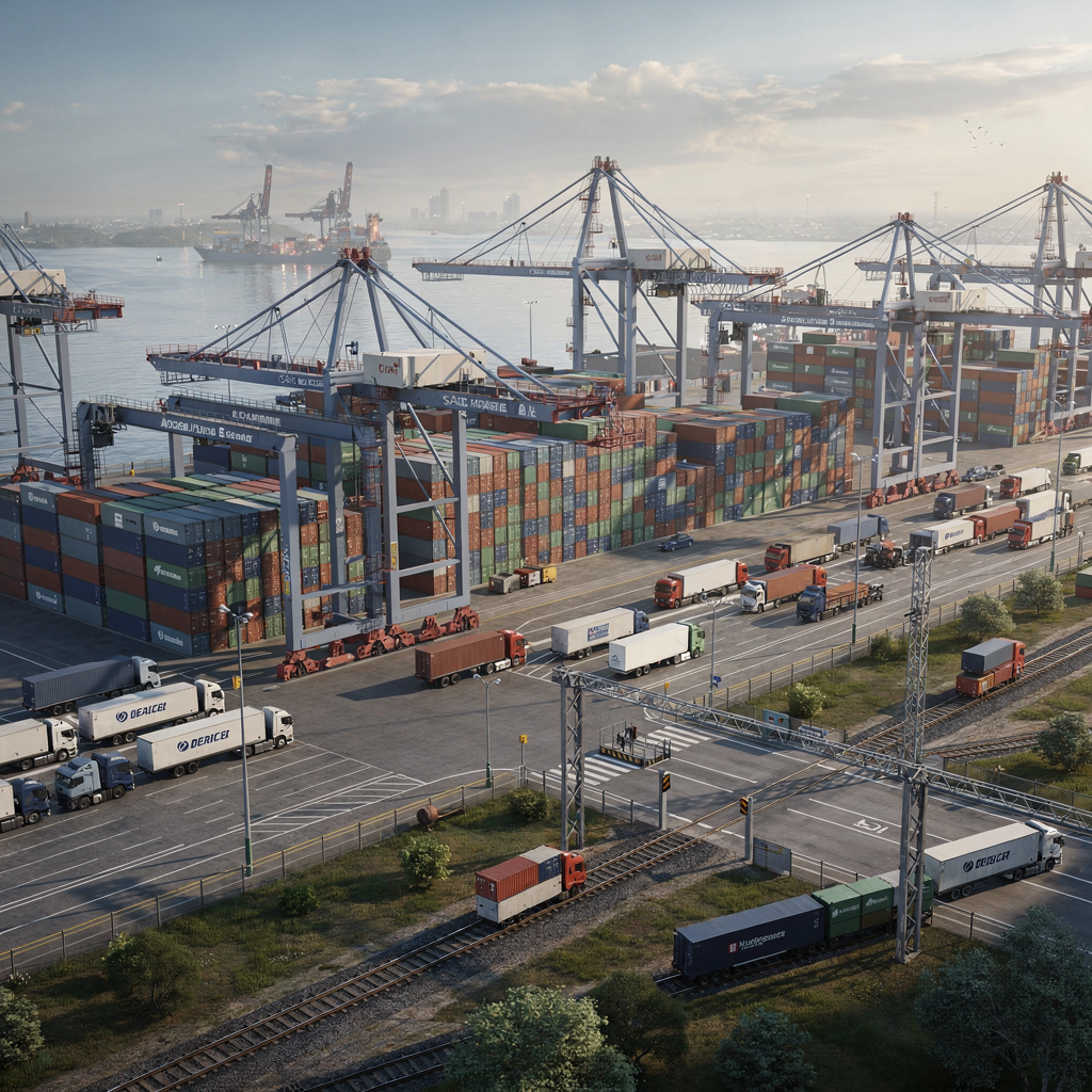 3D view of container berth and yard operations High-resolution 3D rendering of a busy container berth with quay cranes, containers stacked in the yard, trucks queuing at the gate and a nearby rail siding, realistic lighting and no text