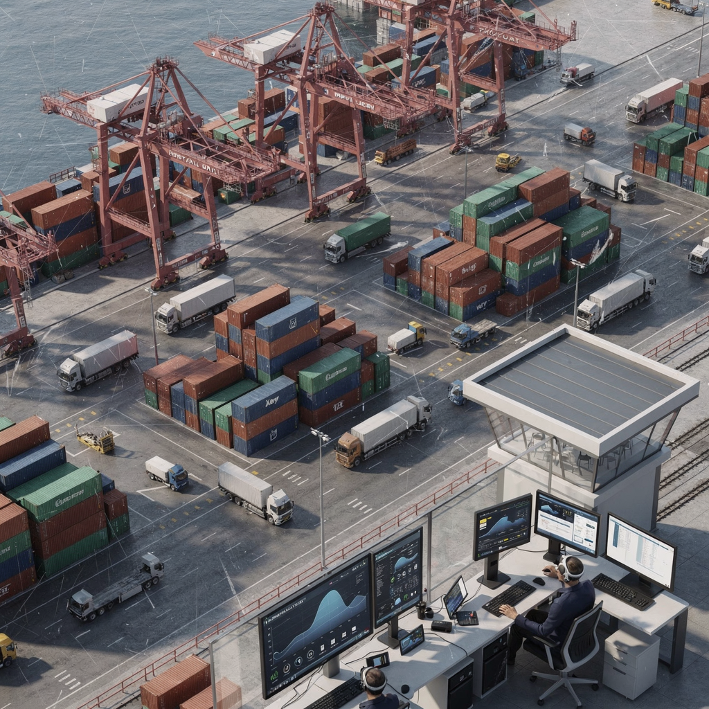 3D view of container port digital twin A detailed isometric 3D scene of a busy container port with quay cranes, stacked containers, trucks driving in lanes, and a control room with screens showing dashboards. No text or numbers.