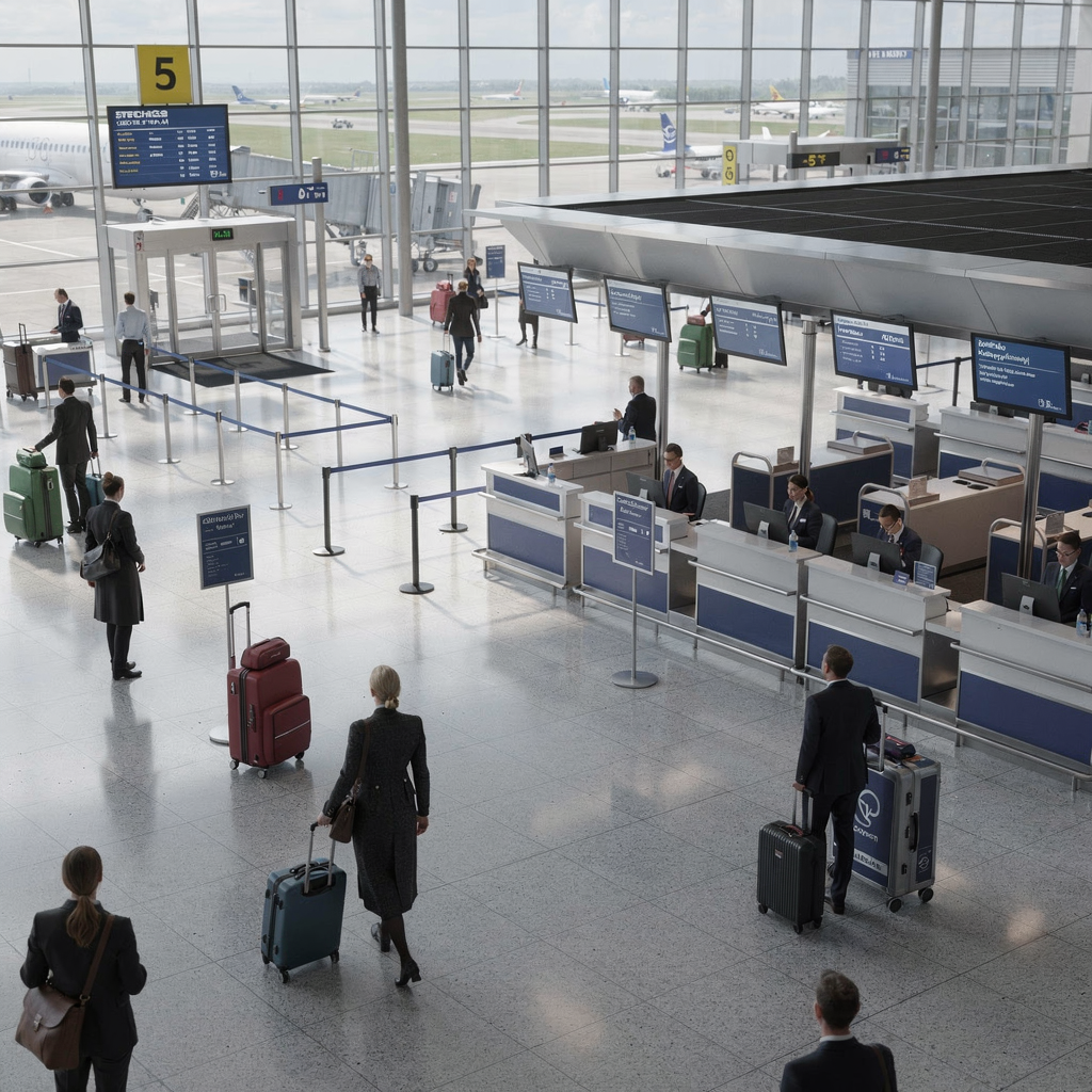 3D view of passenger movement in an airport concourse A detailed 3D illustration of passengers moving through an airport concourse, showing check-in desks, security lanes, and gates, with staff and signage, realistic lighting and no text