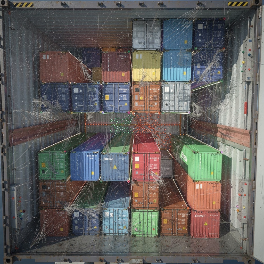 3D visualisation of container stowage and lashing points A 3D computer-rendered view of a ship's hold with containers visualised in different colors showing load paths and lashing points, no text