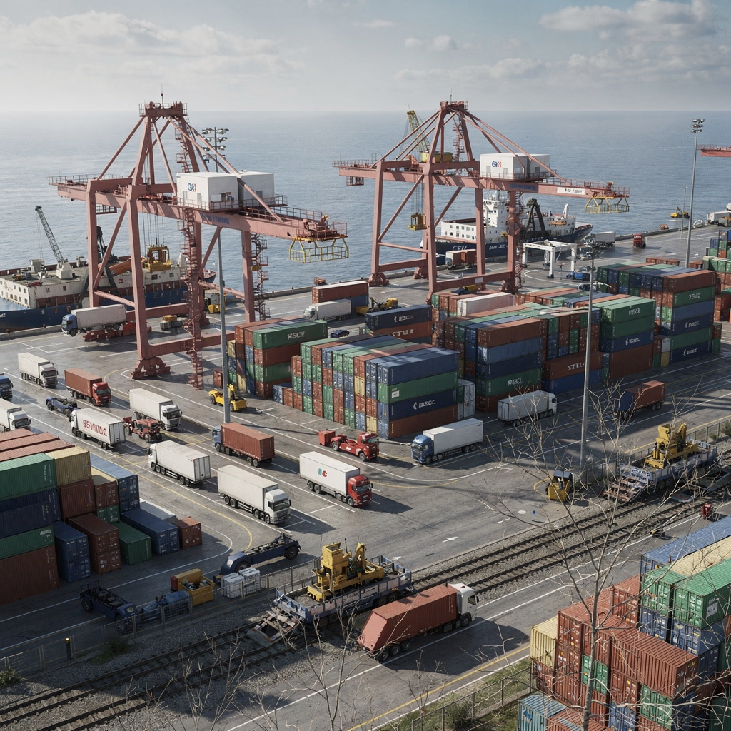 A realistic 3D-style visualization of a container terminal with quay cranes, trucks, yard stacks and rail transfers shown in high detail without text