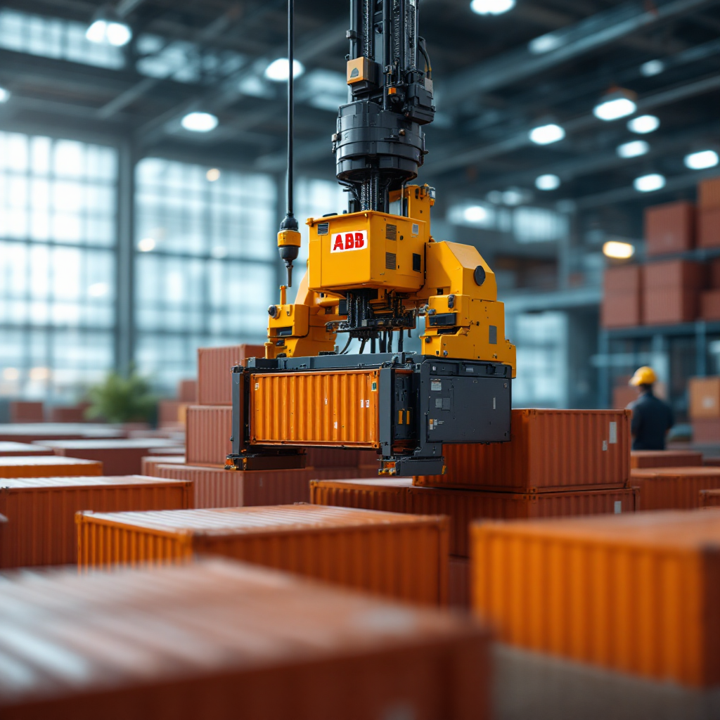 A close-up scene of an ABB stacking crane operating above orderly container blocks with visible sensors and a control room screen in the background