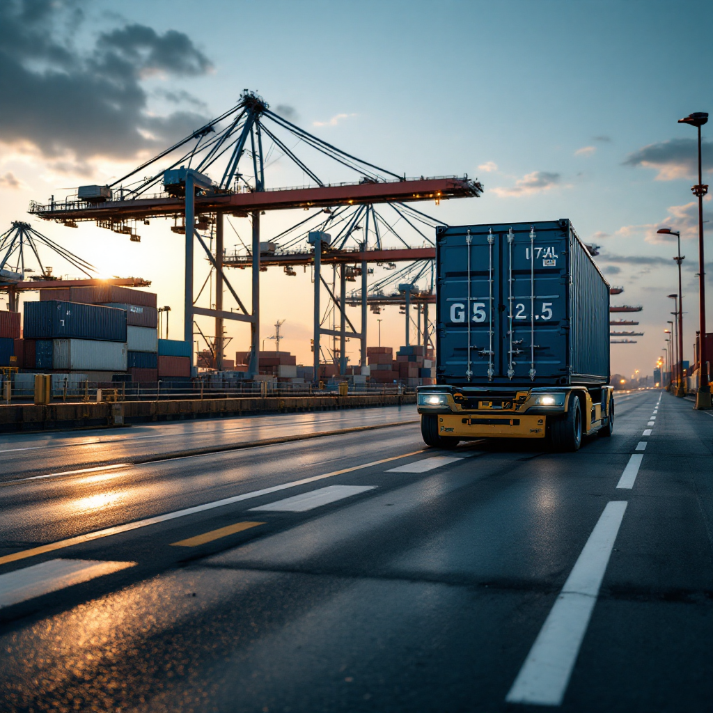 AGV carrying a container across a port apron Detailed close-up view of an automated guided vehicle carrying a single container across a port apron with cranes in the background; no text or numbers