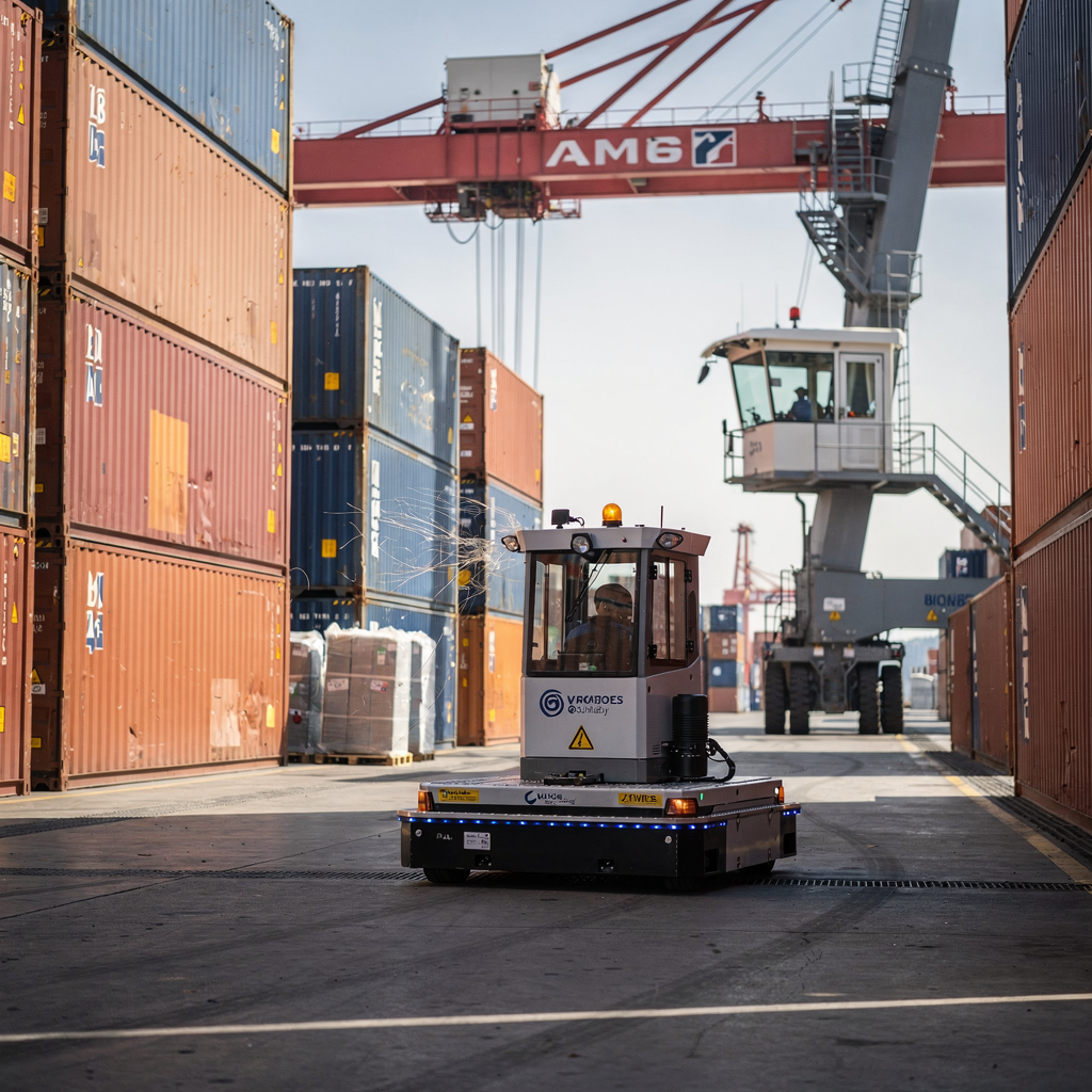 A close view of an automated guided vehicle navigating between container stacks, with a nearby crane and a control room in the background, under clear weather