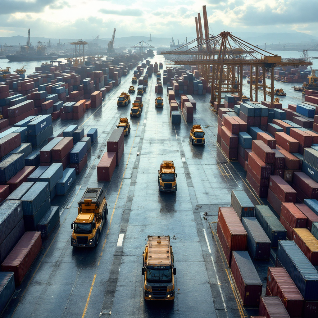 AGVs moving containers in a container yard Bird's-eye view of a busy container yard with automated guided vehicles moving containers between quay cranes and storage blocks; no text or numbers