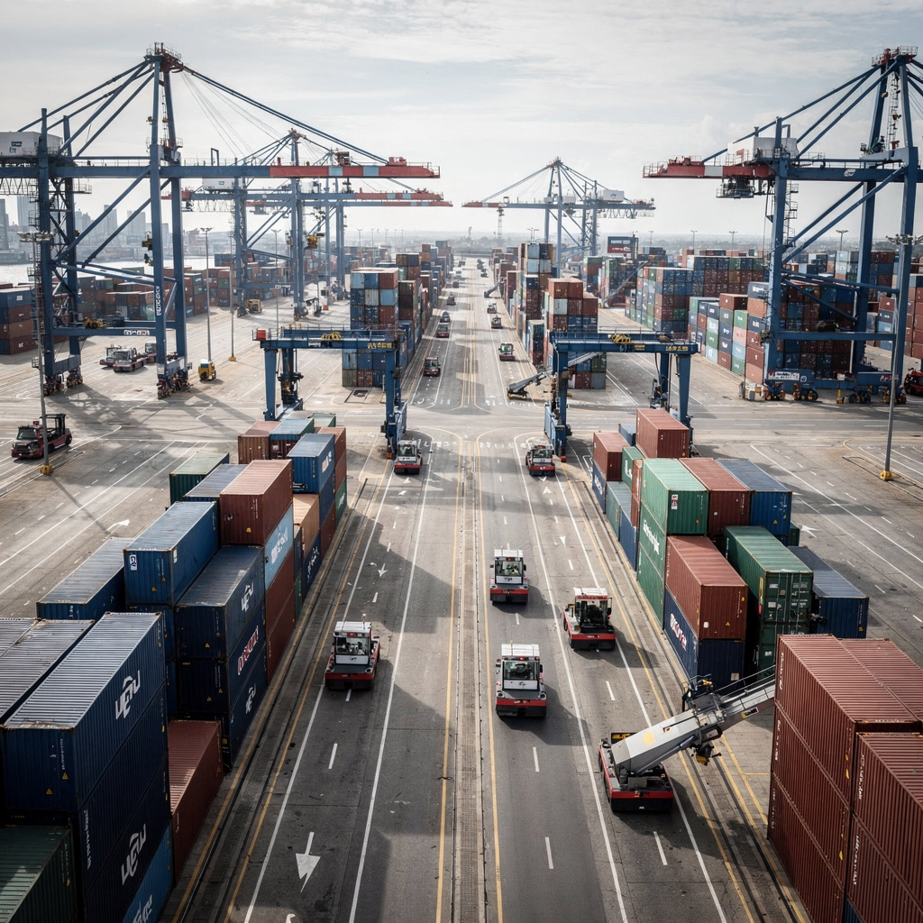 Wide view of an automated container yard with AGVs moving containers between automated stacking cranes and quay cranes, showcasing orderly lanes and no people, no text or numbers