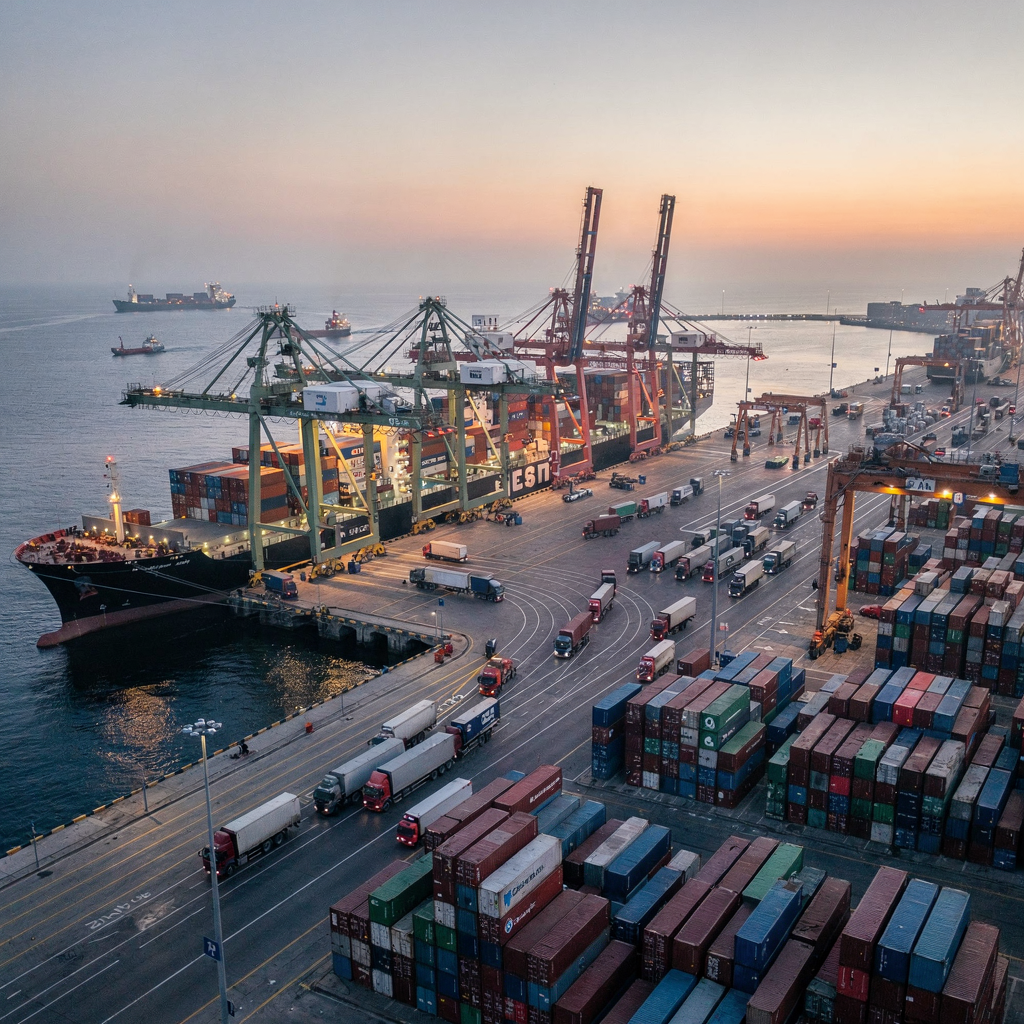 Aerial busy container terminal with cranes and stacks Aerial view of a busy container terminal at dusk with several quay cranes unloading multiple container vessels, trucks queuing at the gate, and stacked containers visible in organized rows, no text or numbers