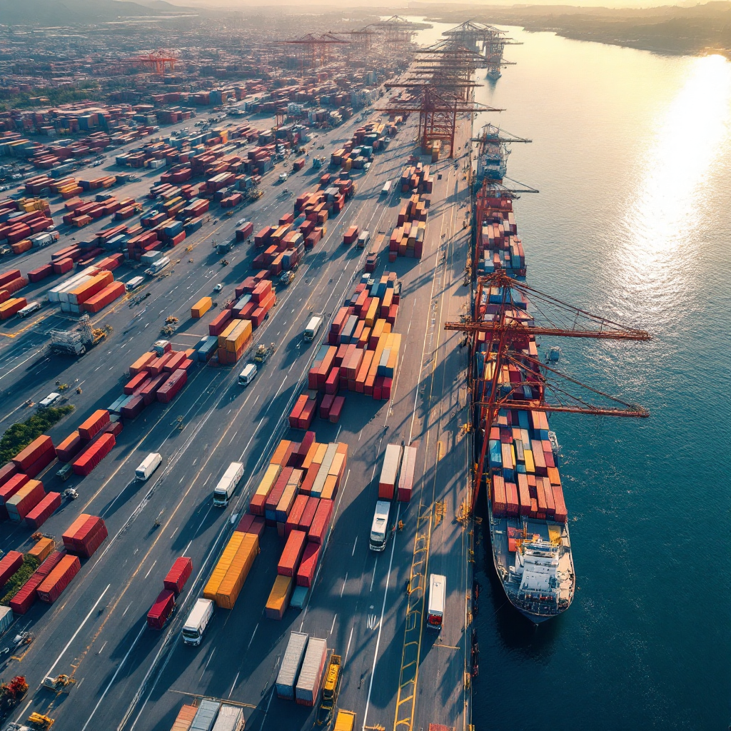 Aerial view of a container port showing multiple berths, container stacks, trucks and cranes with clear marked lanes and a visible schedule overlay graphic concept, daytime