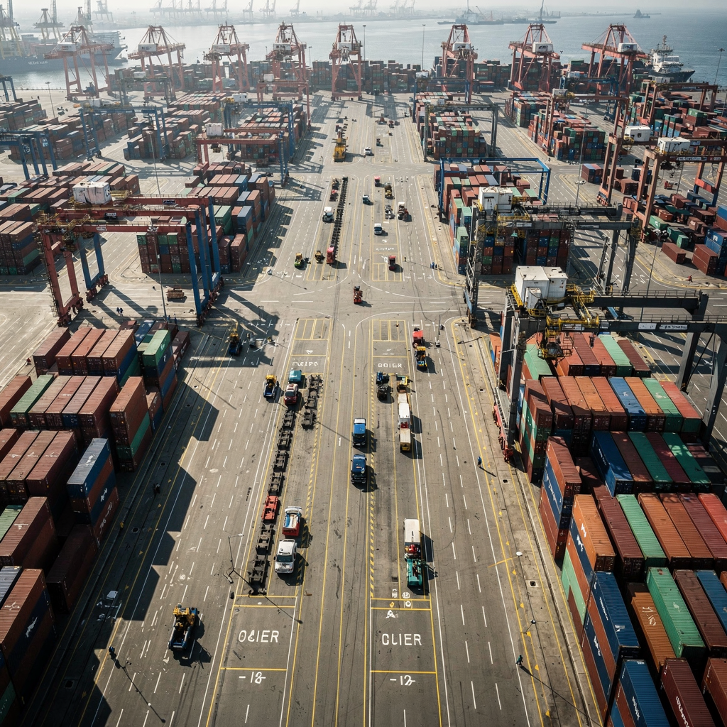 Aerial container terminal with cranes and AGVs Aerial view of a busy container terminal yard at midday, showing quay cranes, stacked containers, and automated guided vehicles moving along marked lanes. No text or numbers.