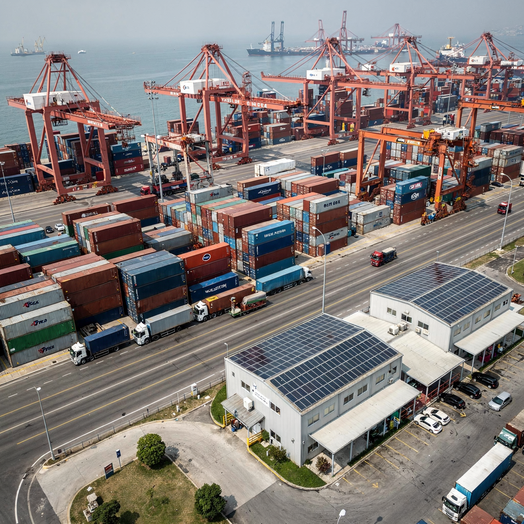 Aerial view of a busy container terminal showing cranes, stacked containers, shared truck lanes, and solar panels on small buildings; clear weather, no text