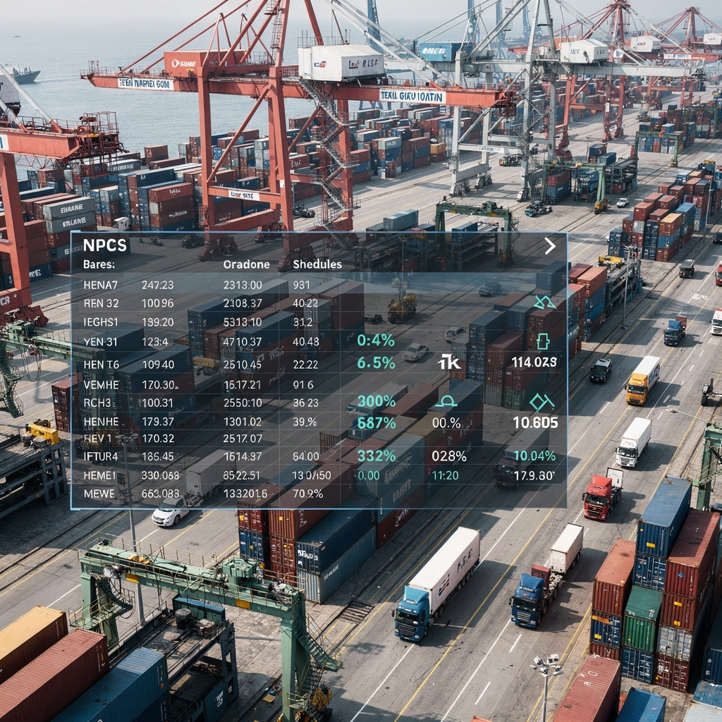 Aerial container terminal with digital overlays Aerial view of a busy container terminal with cranes, stacked containers, and trucks moving, showing digital overlays of schedules and real-time metrics, no text