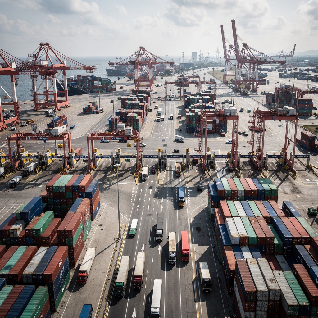 An aerial view of a busy container terminal showing quay cranes, stacks, trucks entering via multiple gate lanes, and vehicles moving in organized flows