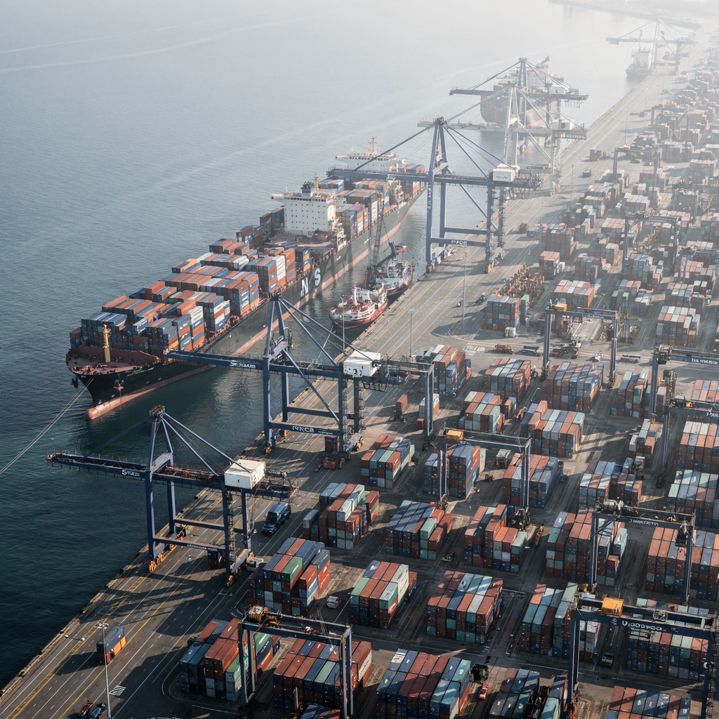Aerial container terminal with mega-ship and storage blocks Aerial view of a modern container terminal showing long quays, mega container ships berthed, dense storage blocks with stacked containers, and gantry cranes operating. No text or numbers.
