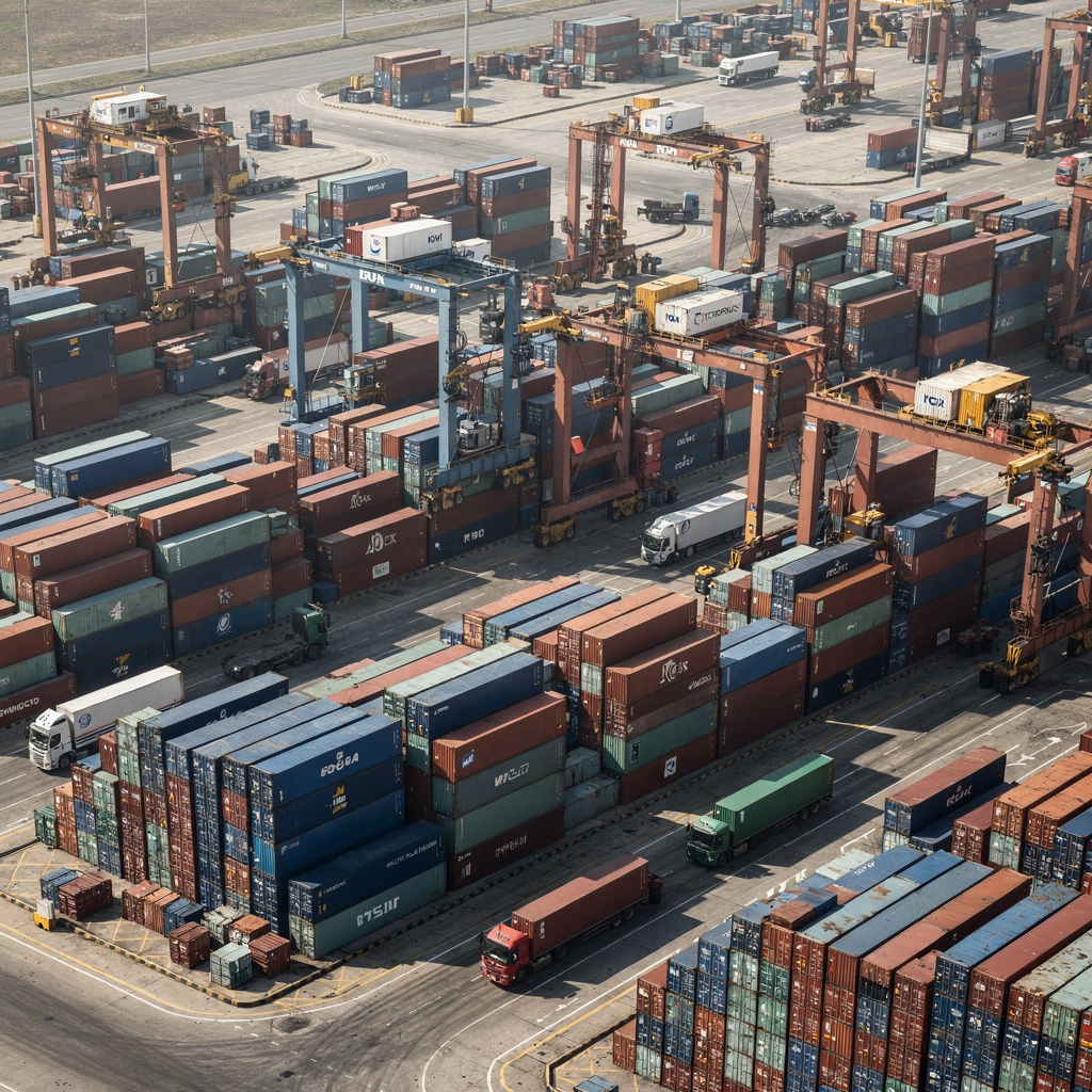 Aerial view of a busy container yard with automated cranes moving containers, neatly stacked rows, and trucks entering and exiting, no text or logos
