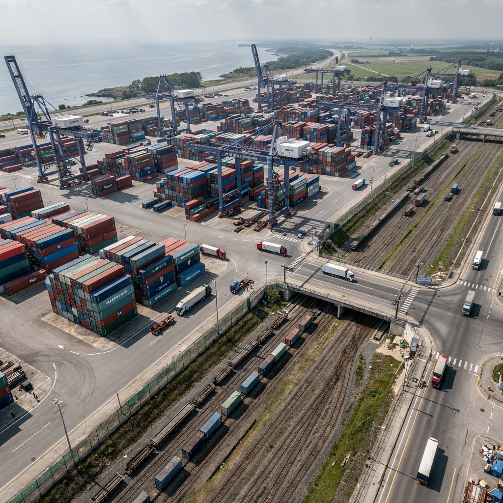 Aerial inland container terminal showing yard stacks and interfaces Aerial view of an inland container terminal with yard stacks, cranes, trucks, and rail tracks, showing clear zones and interfaces, under neutral daylight