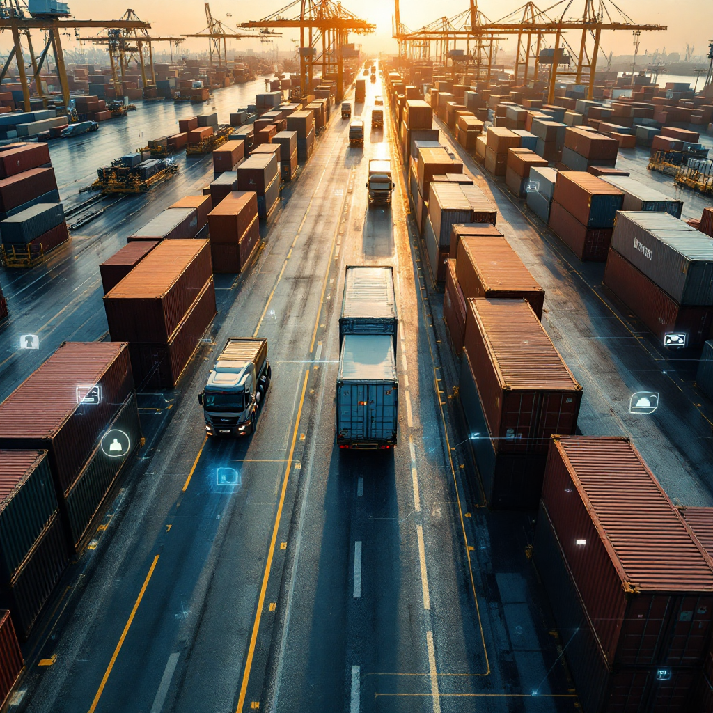 Aerial view of an inland container terminal showing rows of stacked containers, yard cranes, trucks moving, and a digital overlay of data streams and icons representing connectivity