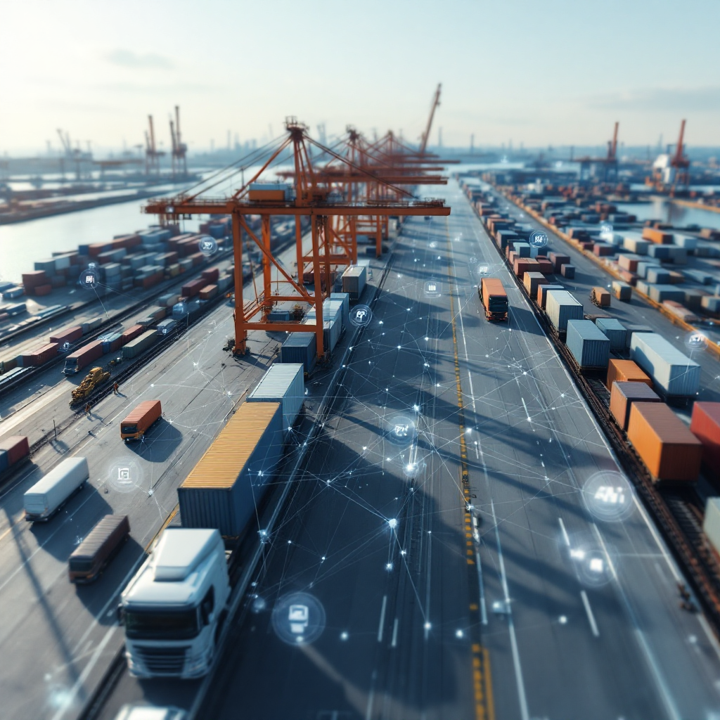 Aerial view of a port showing cranes, trucks, rail wagons and connected data overlays indicating API links, no text or numbers