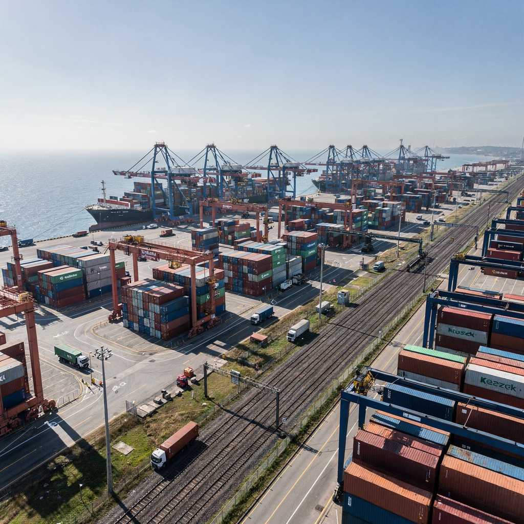 Aerial view of a busy container port with cranes and containers A wide-angle aerial view of a busy container port with stacked containers, quay cranes, trucks, and rail lines, showing a complex, organized industrial landscape under clear sky