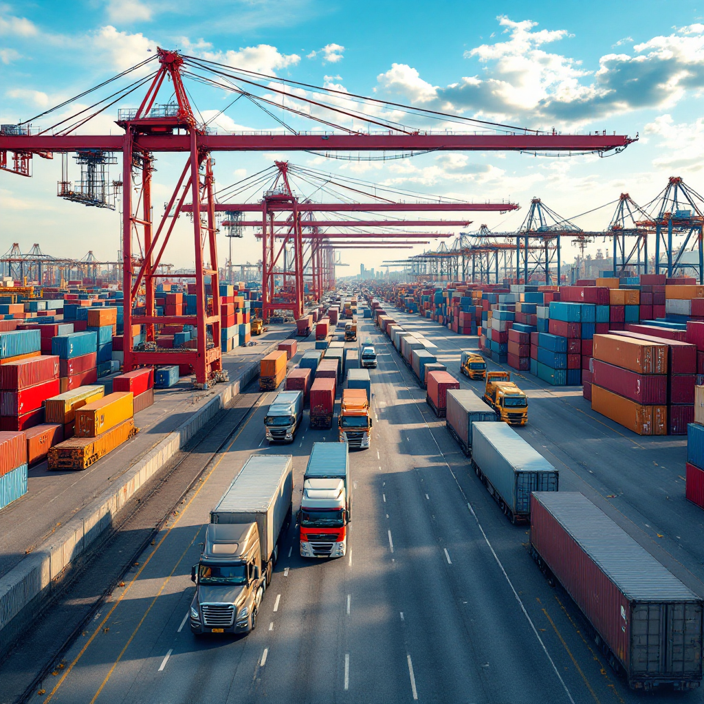 A busy container terminal with cranes, stacked containers, trucks, and rail wagons under clear sky showing organized freight movement from bird's-eye perspective