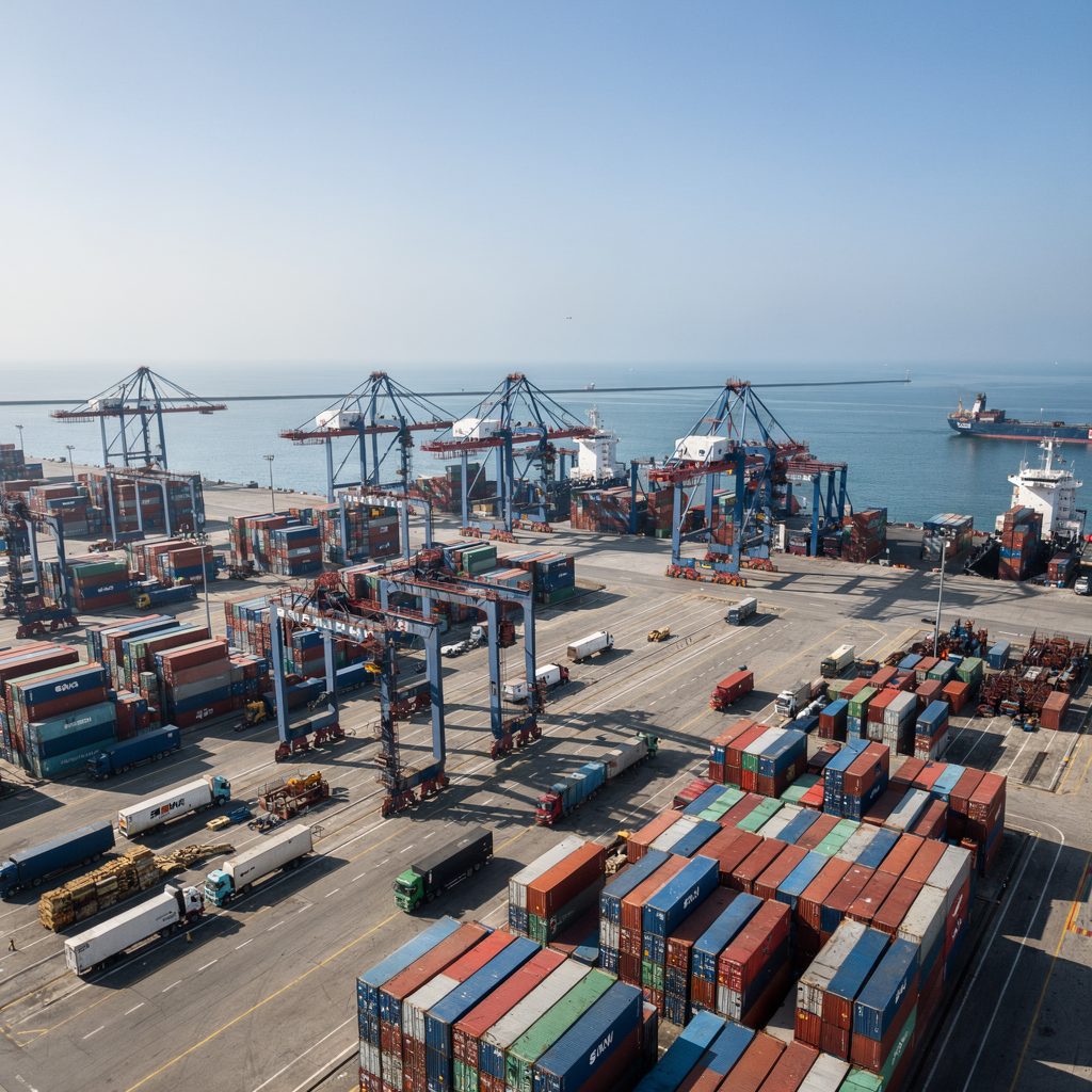 Aerial view of a busy container terminal with cranes and stacked containers An aerial, photorealistic view of a busy container terminal showing cranes, stacked containers, trucks, and a quay with a ship, under clear skies. No text or numbers in the image.