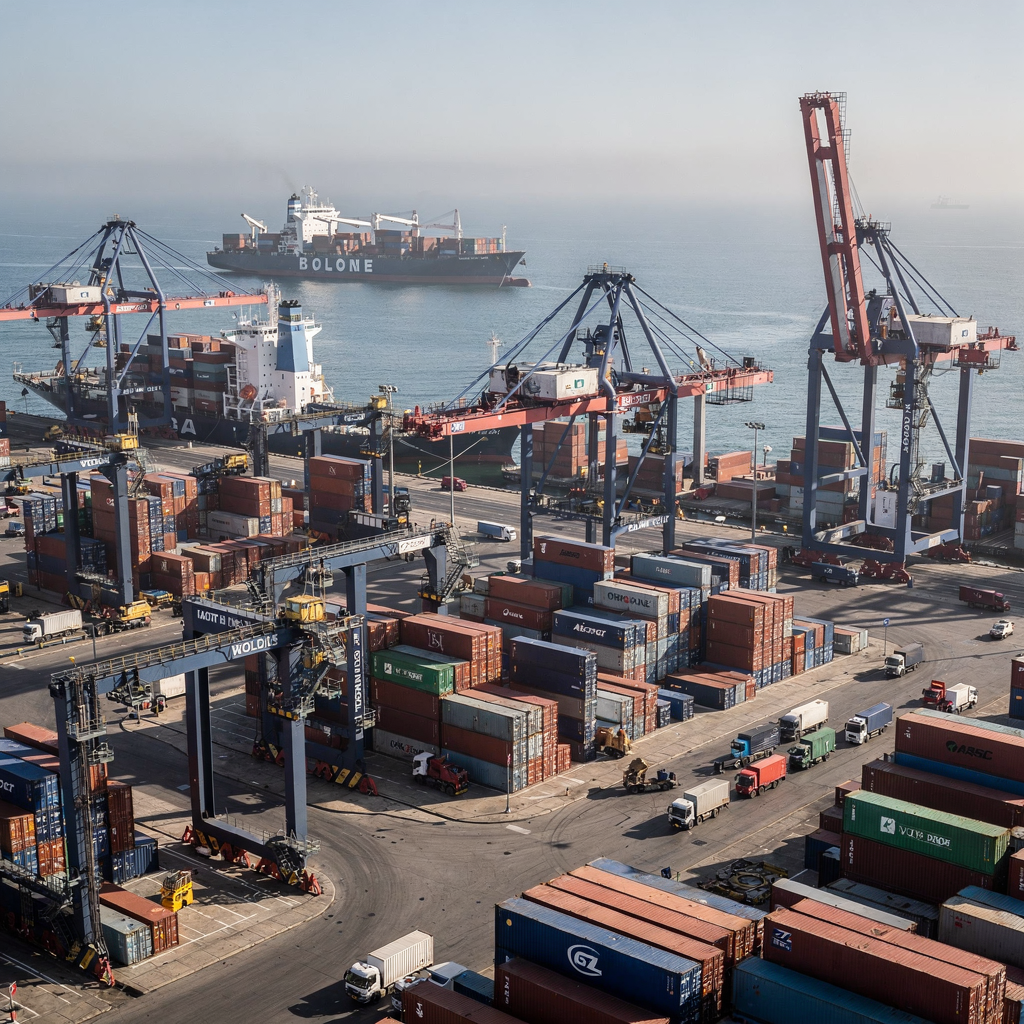 A busy container terminal viewed from above showing cranes, stacked containers, trucks, and a ship at berth under clear sky, no text or numbers