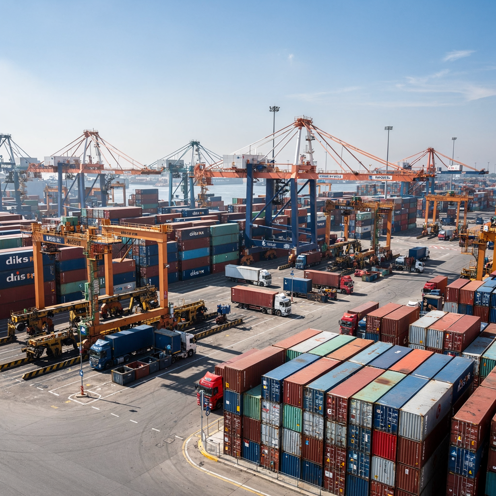Aerial view of a busy container terminal with cranes and trucks Aerial view of a busy container terminal showing gantry cranes, stacks of containers, trucks at gates, and automated equipment in daytime, clear skies, no text or logos