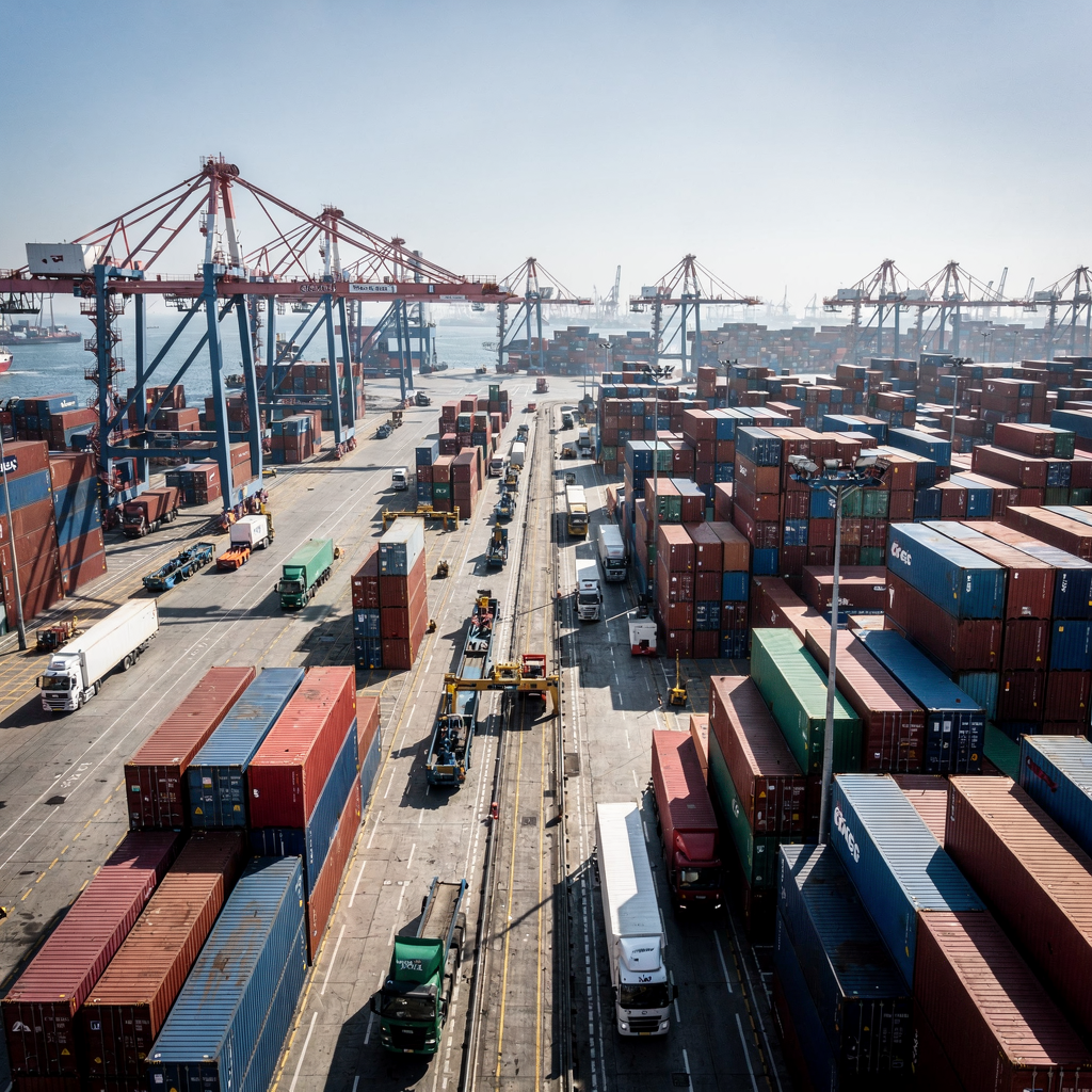 A busy container terminal from an aerial view showing cranes, stacked containers, trucks and automated vehicles moving along lanes, clear sky, daytime