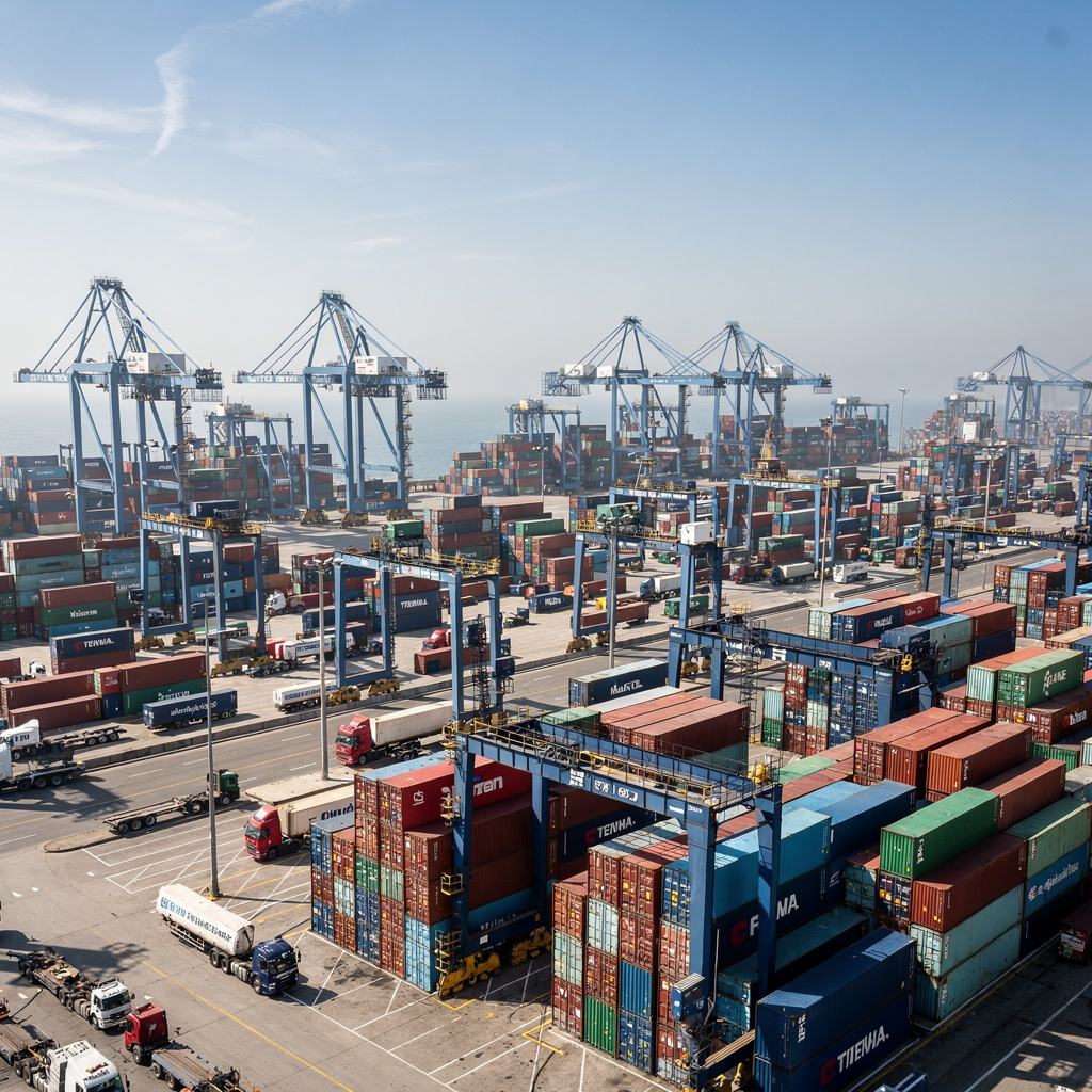 Aerial view of a container terminal in operation A wide-angle aerial view of a busy modern container terminal with cranes, stacks of containers, trucks and trucks moving, clear skies, no text