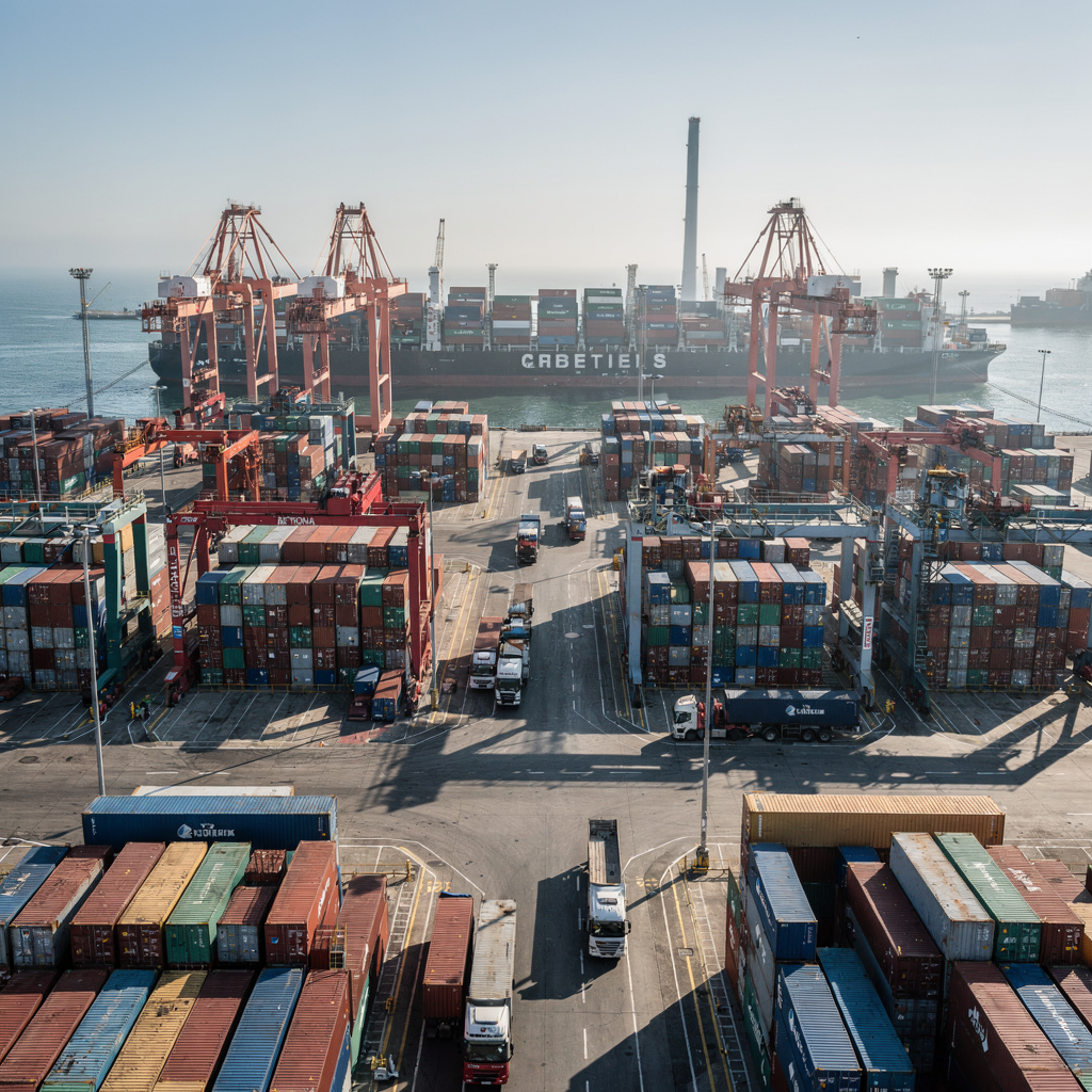 A high-resolution aerial view of a busy container terminal showing quay cranes lifting containers, organized container stacks in the yard, and trucks moving between gate and quay; bright daylight, clear sky, no people visible