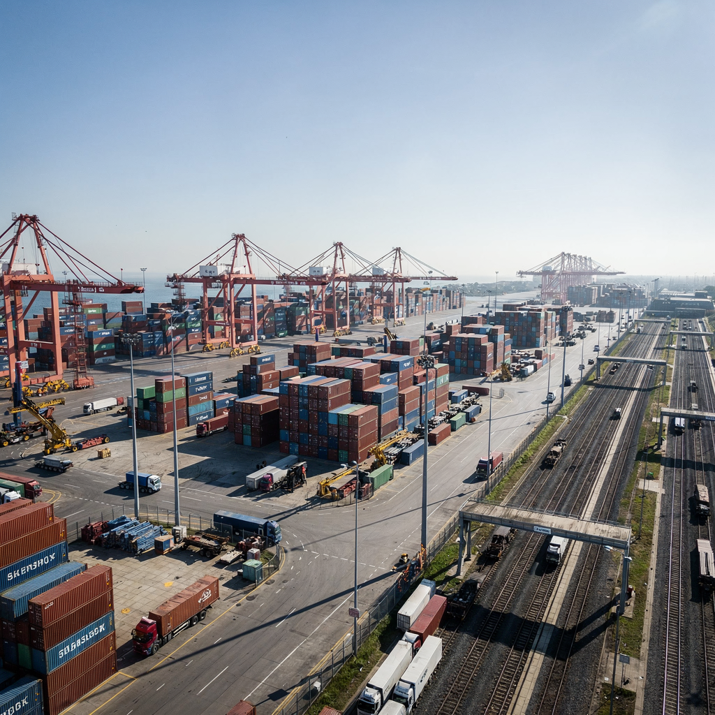 Aerial view of a container terminal with cranes and yards An aerial view of a busy container terminal showing cranes, stacks of containers, trucks, and rail spurs under clear sky. No text or numbers, high resolution.