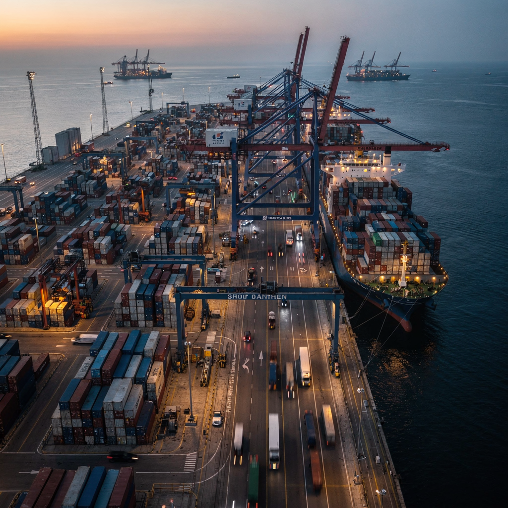 Aerial view of a deepsea container terminal Aerial view of a busy deepsea container terminal at dusk showing stacked containers, quay cranes, and a large container vessel alongside, with clear lanes and trucks moving, no text or numbers