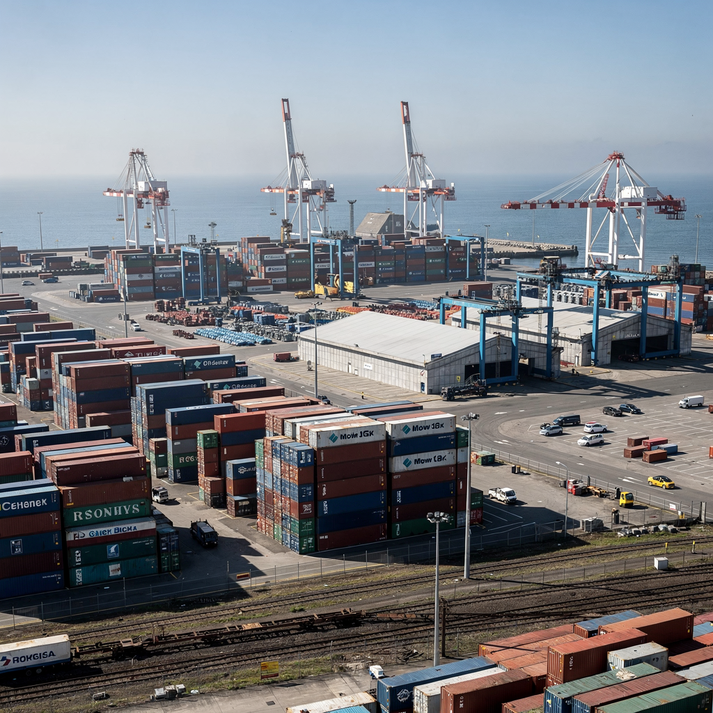 Aerial view of a mixed cargo port with containers and break-bulk areas A wide aerial view of a busy mixed cargo port showing container stacks, break-bulk areas, ro-ro ramps, and cranes under clear sky, with vehicles and rail lines visible, no text or numbers
