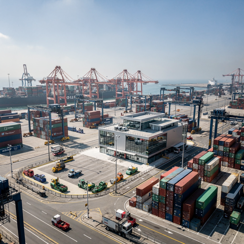 Aerial view of a modern container port with cranes and containers A wide aerial view of a modern container port during daytime showing cranes, stacks of containers, automated vehicles and a central operations center building, clear sky, no text