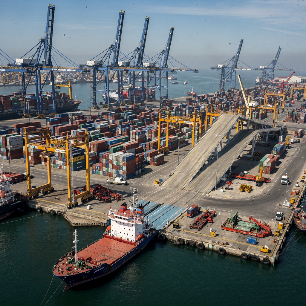 Aerial view of a multipurpose seaport with quay cranes and container stacks A wide aerial view of a busy container and multipurpose port showing quay cranes, container stacks, RoRo ramps and heavy cargo areas under clear skies