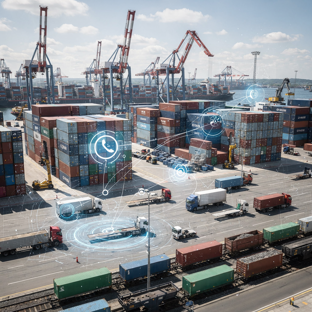Aerial view of a busy modern port showing container stacks, cranes, trucks, and rail wagons with overlays suggesting data flow and efficiency, bright daylight