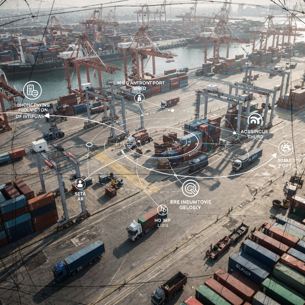 An aerial view of a smart port showing a mix of automated cranes, container stacks, and trucks with overlaid schematic lines representing data flows and connectivity