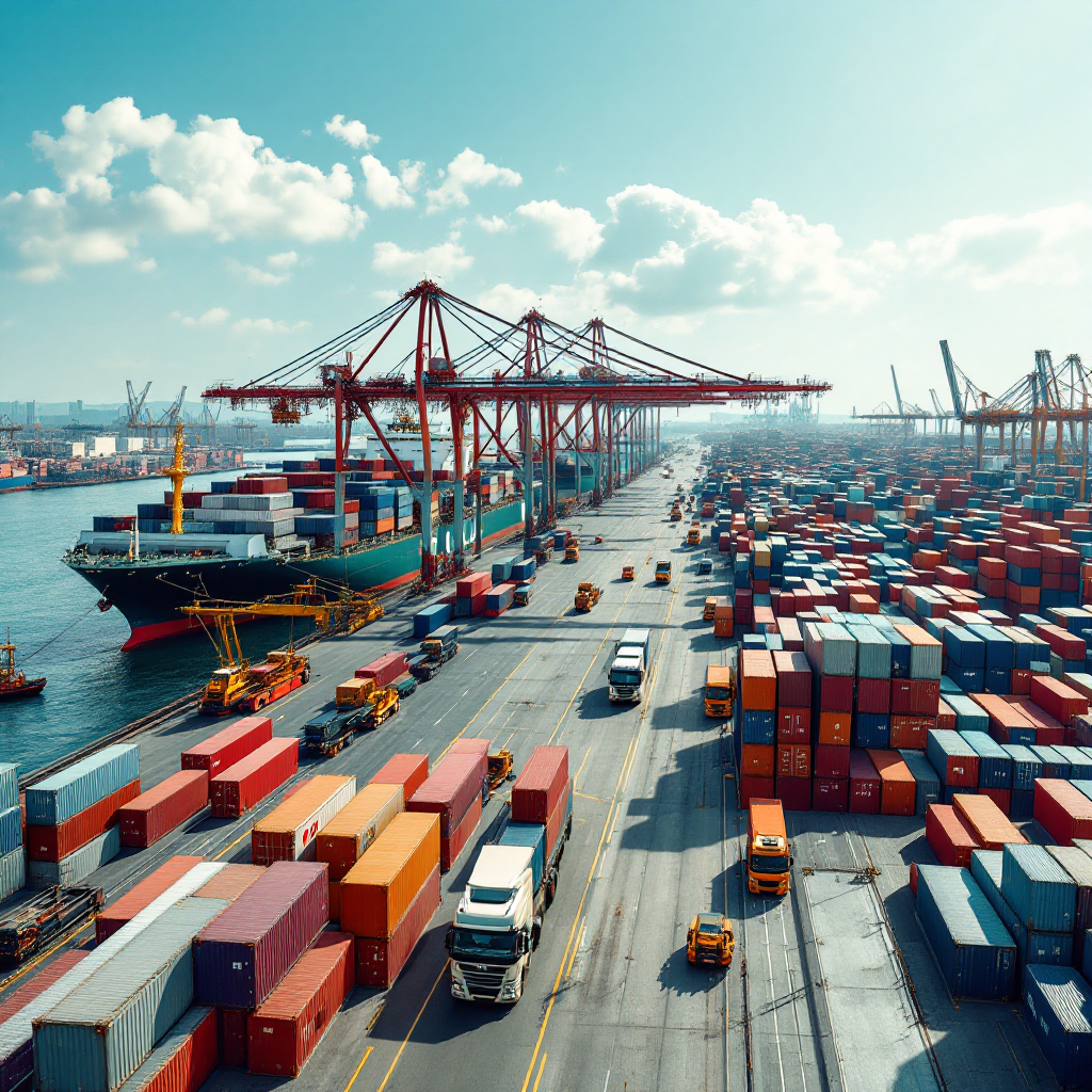 A busy container terminal aerial view showing ships at berth, quay cranes lifting containers, and trucks moving stacks in the yard under clear sky