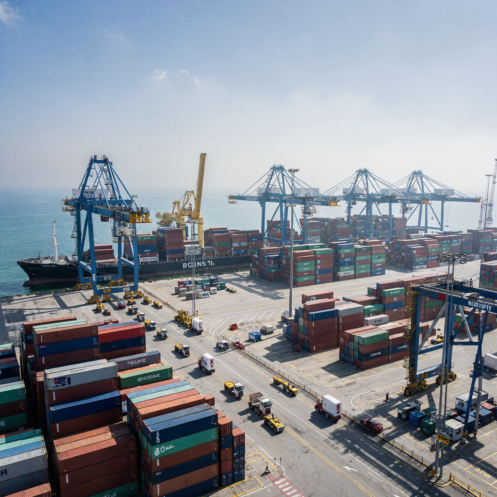 Aerial view of automated container terminal with AGVs A wide aerial view of a modern container terminal showing quay cranes, automated guided vehicles moving containers, and organized container stacks under clear sky, no text or numbers