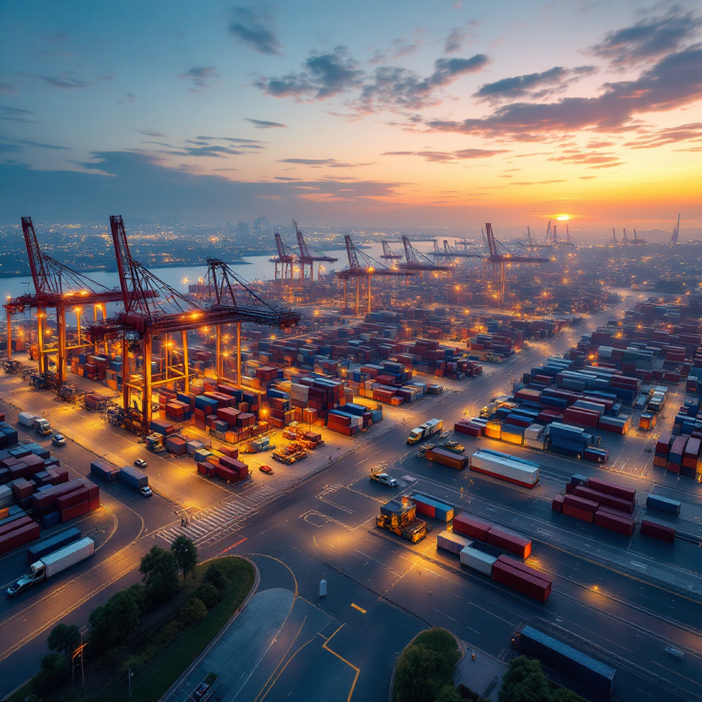A wide aerial view of a modern container terminal at dawn showing automated cranes, guided vehicles moving containers, sensor towers and network cabling, no text or numbers