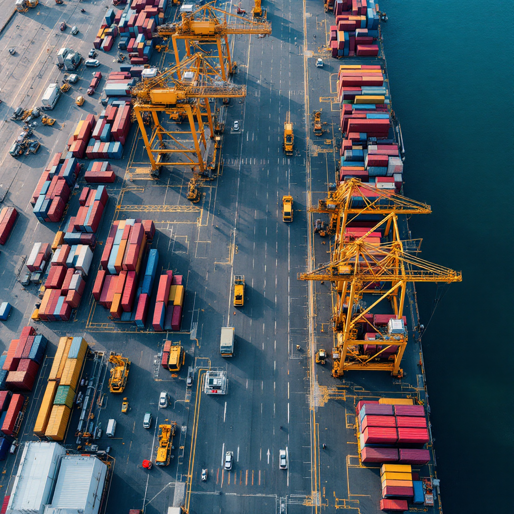 A high-resolution aerial view of an automated container terminal showing quay cranes, portal trolleys, AGVs and container stacks, with clear lanes and no text