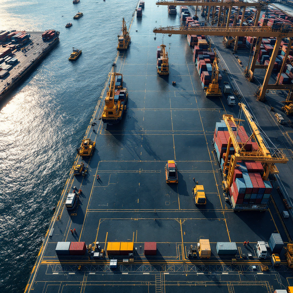 An aerial view of a fully automated container terminal showing AGVs, stacking cranes, quay cranes, and a control center with operators; no text or numbers
