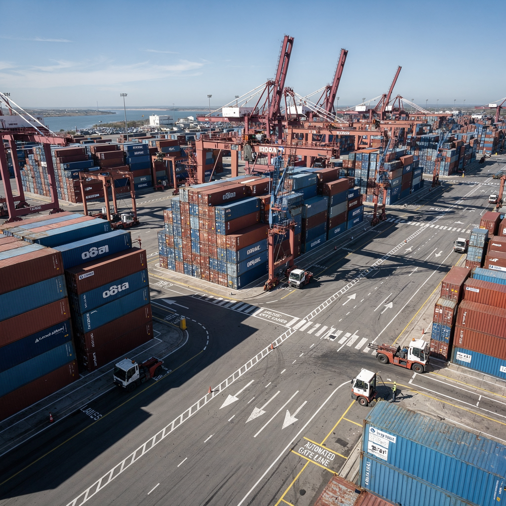 Aerial view of a container yard with automated cranes moving stacks, automated guided vehicles near lanes, and clear markings for automated gate lanes under a blue sky