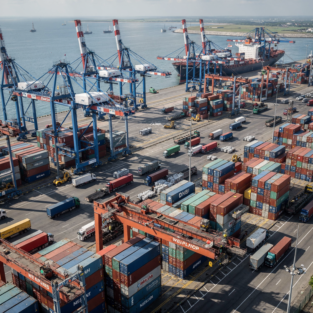 Aerial view of a busy container port showing quay cranes, container stacks, trucks moving and ships at berth, clear daylight, high-resolution