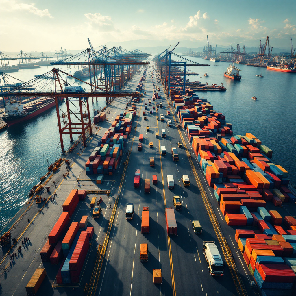 Wide aerial view of a busy container port showing multiple berths, cranes, and container stacks under clear sky, with vessels alongside quays and trucks in motion