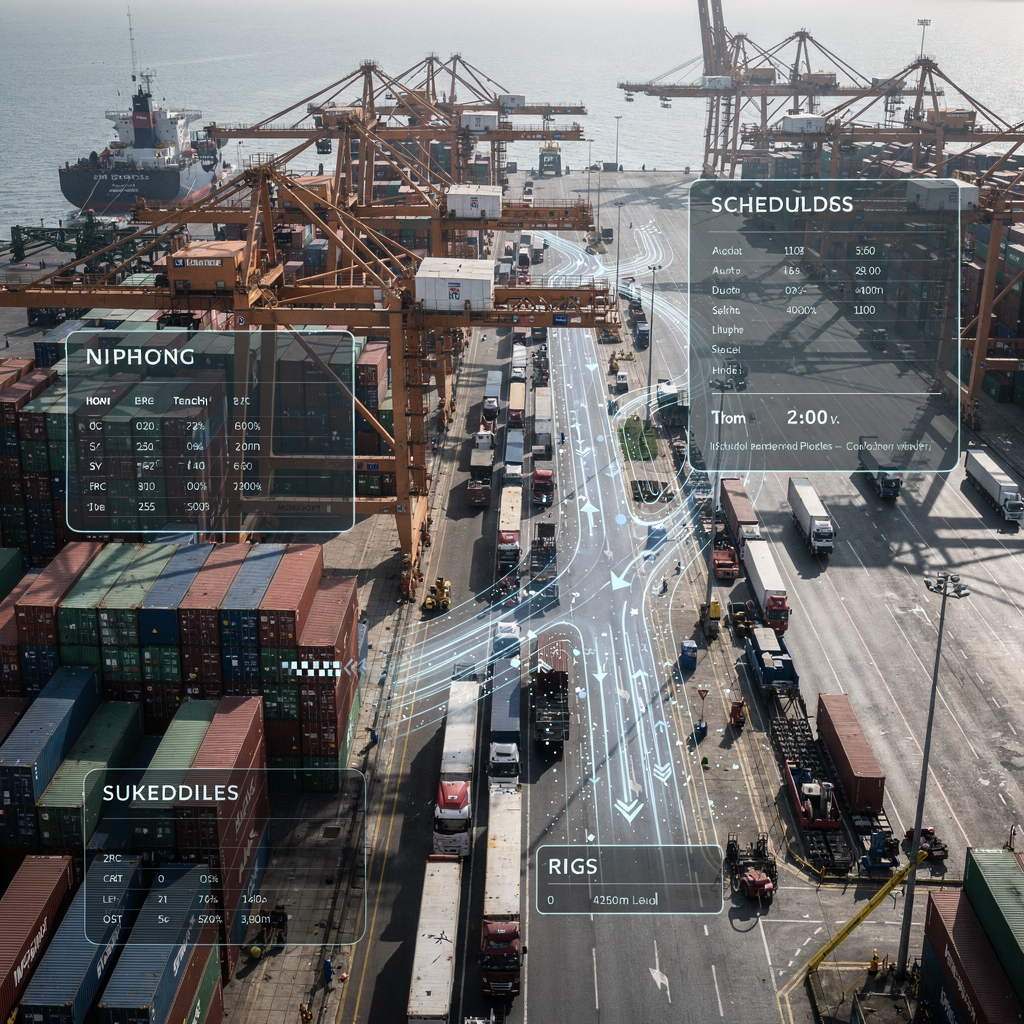 Aerial view of busy container quay with simulated overlays An aerial perspective of a busy container quay showing cranes, stacks of containers, trucks lining up and digital overlays indicating simulated flows and schedules. No text or numbers in image.