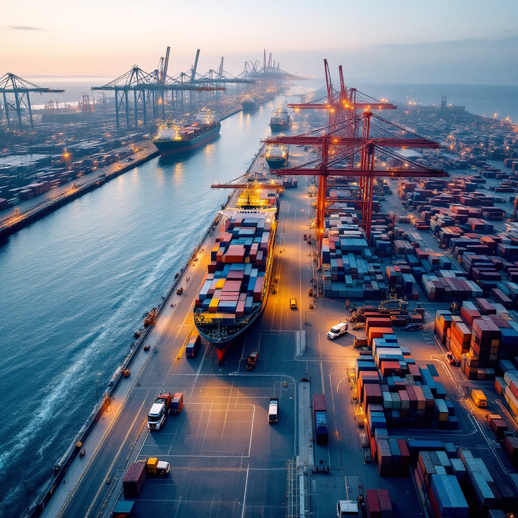 A panoramic aerial view of a busy deepsea container port with multiple large container vessels at berth, several quay cranes working, stacks of containers in the yard, and trucks moving between yard and quay